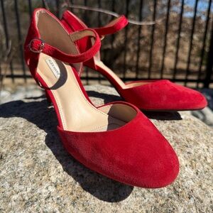 Alex Marie Womens Red Suede Ankle Strap Block Heel Pointed Toe Pumps Size 7M